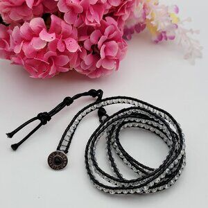 Victoria Emerson Wrap Bracelet Black Leather Clear Crystal Silver Tone 36" Adj.